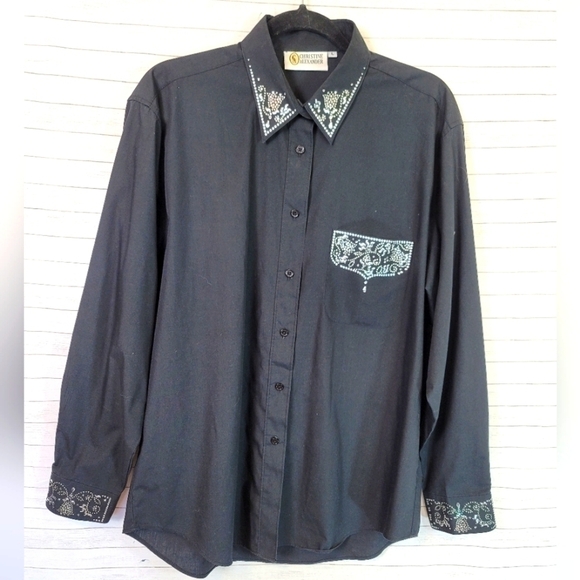 CHRISTINE ALEXANDER VINTAGE EMBELLISHED BLACK BUTTON UP LONG SLEEVE, sz LARGE - Picture 2 of 10